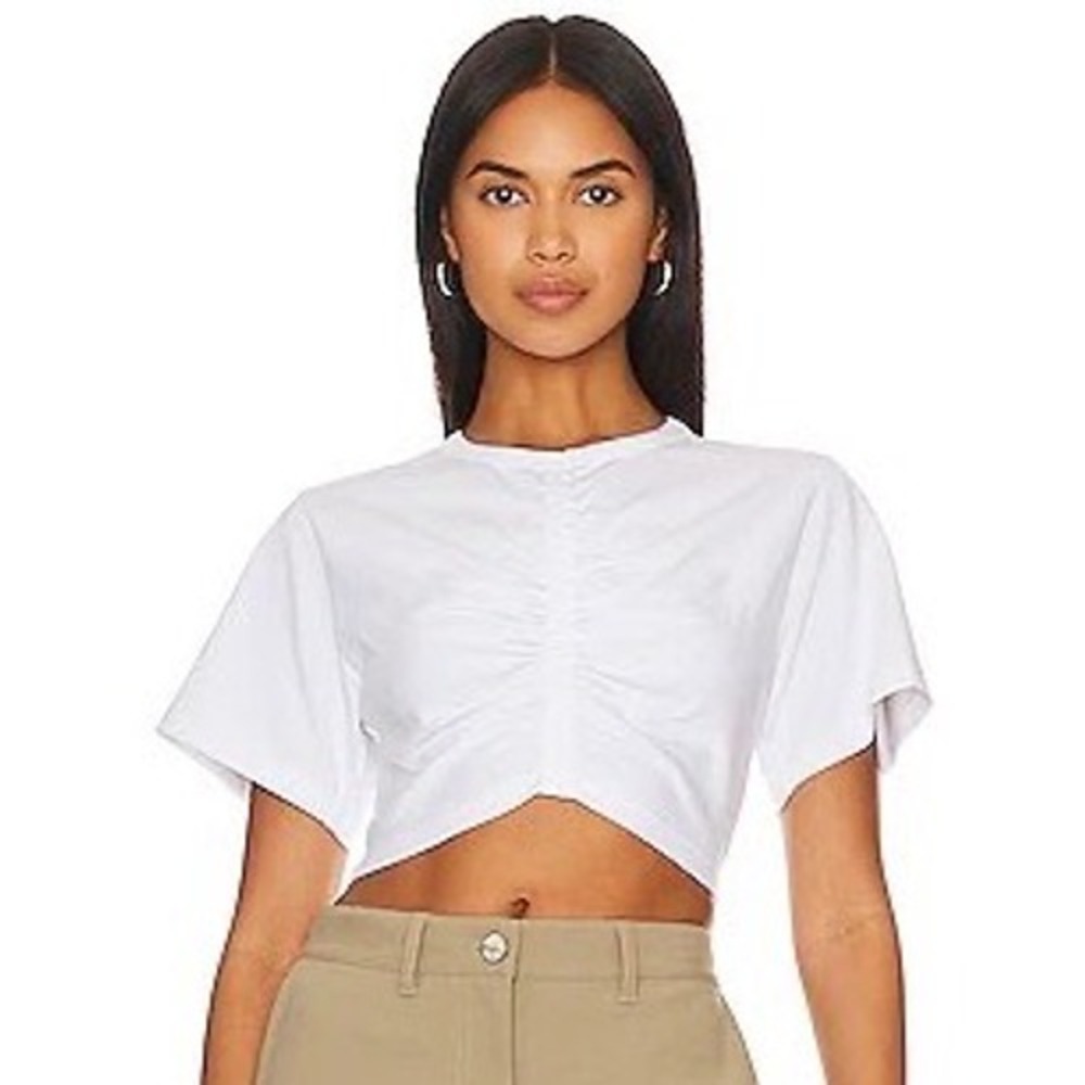 A.L.C. Johanna White Ruched Crop Top Short Sleeve Cotton Tee XS